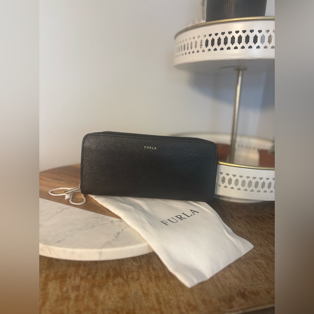 FURLA black full zippy wallet gold hardware with dustbag